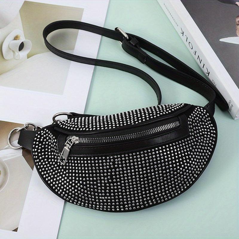 Glitter Waist Pack Chain Crossbody Bag Rhinestone Decor Zipper PU Leather