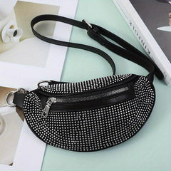Glitter Waist Pack Chain Crossbody Bag Rhinestone Decor Zipper PU Leather