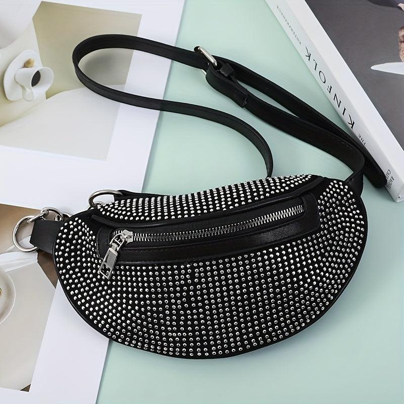 Glitter Waist Pack Chain Crossbody Bag Rhinestone Decor Zipper PU Leather