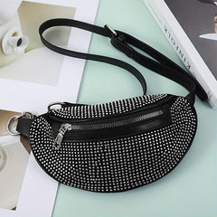 Glitter Waist Pack Chain Crossbody Bag Rhinestone Decor Zipper PU Leather