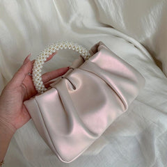 Cloud Pleated Evening Crossbody Bag Pearl Decor Dinner Clutch Purse