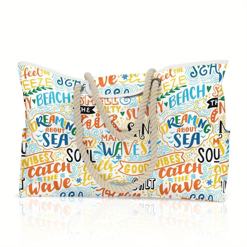 Casual Large Capacity Tote Bag Beach Bag And Striped Leaf Letter Handbag