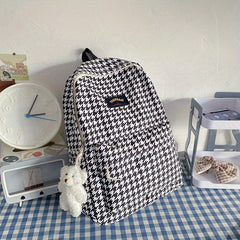 Houndstooth Backpack Plaid Pattern High School Student Schoolbag