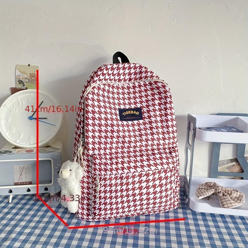 Houndstooth Backpack Plaid Pattern High School Student Schoolbag