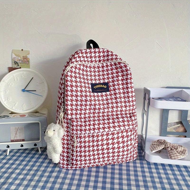 Houndstooth Backpack Plaid Pattern High School Student Schoolbag