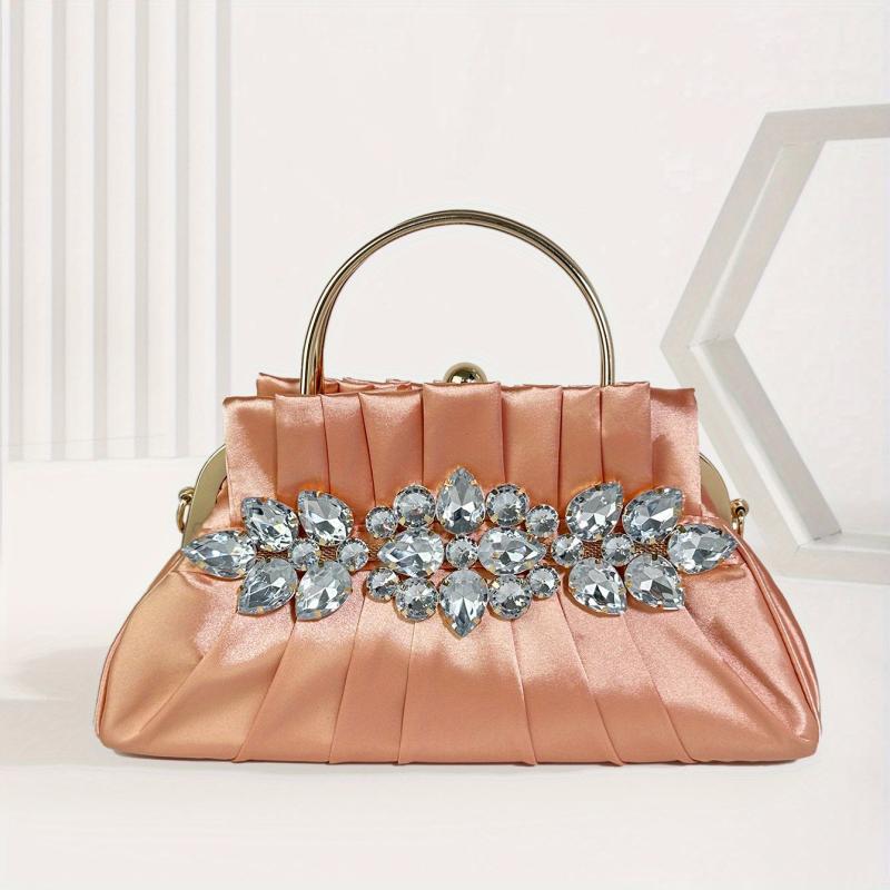 Pleated Rhinestone Glitter Kiss Lock Metal Handle Clutch