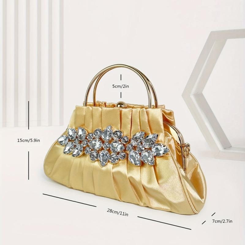 Pleated Rhinestone Glitter Kiss Lock Metal Handle Clutch