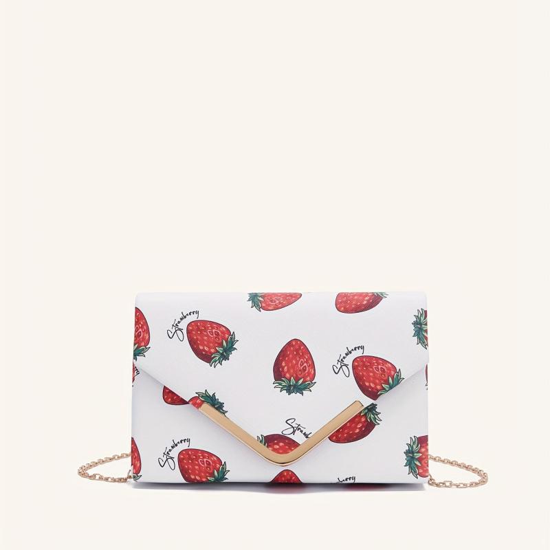 Strawberry Pattern Metal Chain Crossbody Bag PU Leather Envelope Bag