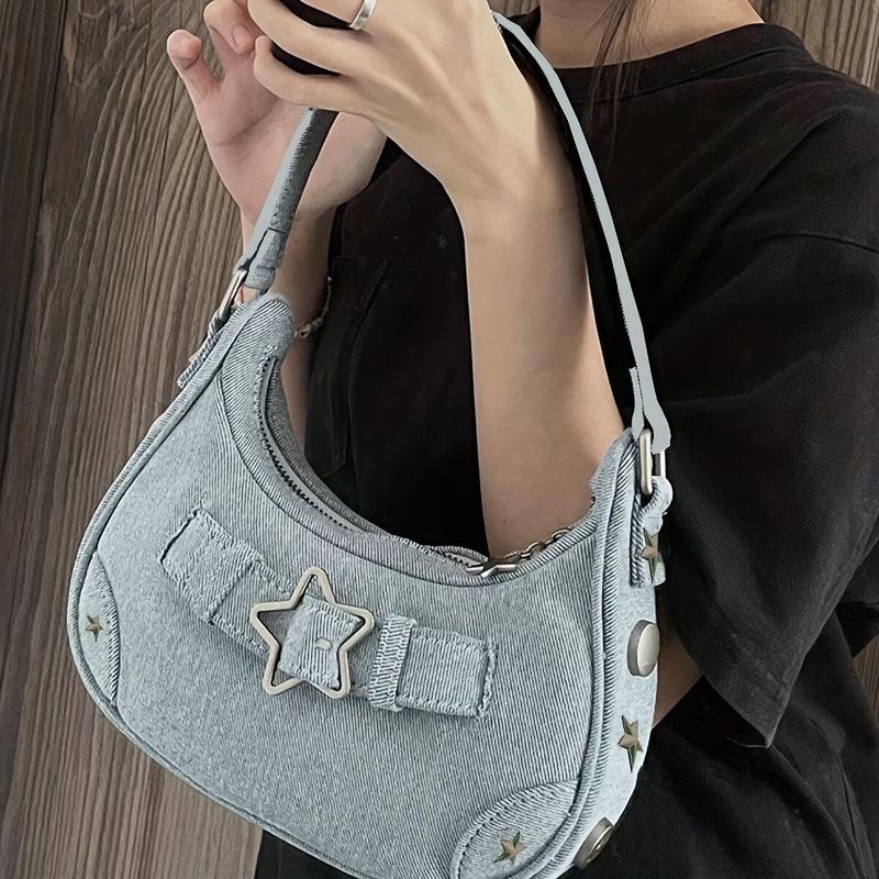 Y2K Denim Underarm Bag Star & Studded Decor Handbags