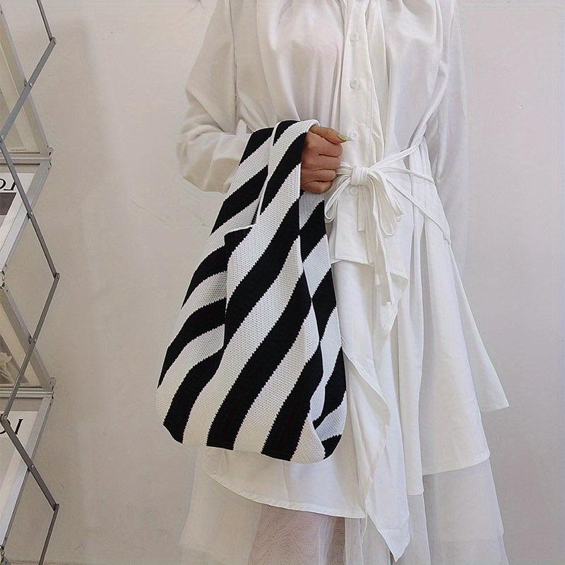 Stylish Geometric Pattern Crochet Bag Colorblock Satchel Woven Bag