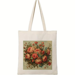 Flowers Pattern Canvas Handbag Large Shopping Bag Storage Bag