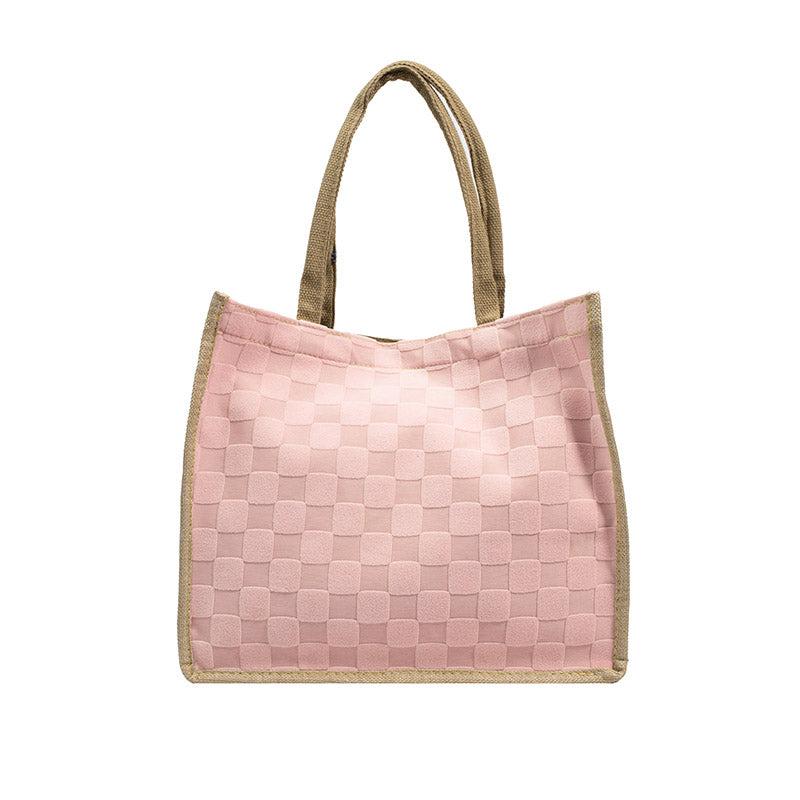 Plaid Pattern Handbag Shoulder Bag with Button Closure for Shopping