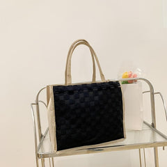 Plaid Pattern Handbag Shoulder Bag with Button Closure for Shopping