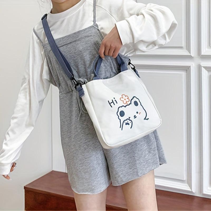 Bear Print Crossbody Bag Canvas Lightweight Handbag Classic Shoulder Bag