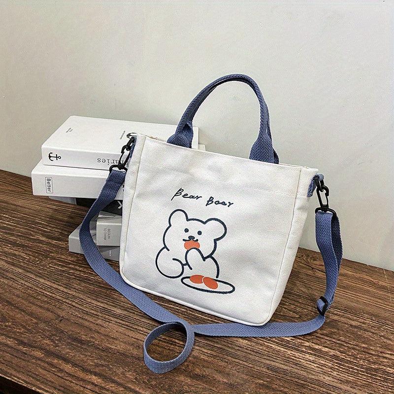 Bear Print Crossbody Bag Canvas Lightweight Handbag Classic Shoulder Bag