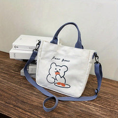 Bear Print Crossbody Bag Canvas Lightweight Handbag Classic Shoulder Bag