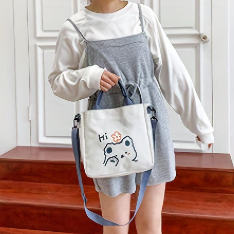 Bear Print Crossbody Bag Canvas Lightweight Handbag Classic Shoulder Bag