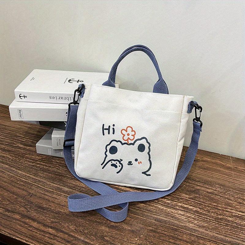 Bear Print Crossbody Bag Canvas Lightweight Handbag Classic Shoulder Bag
