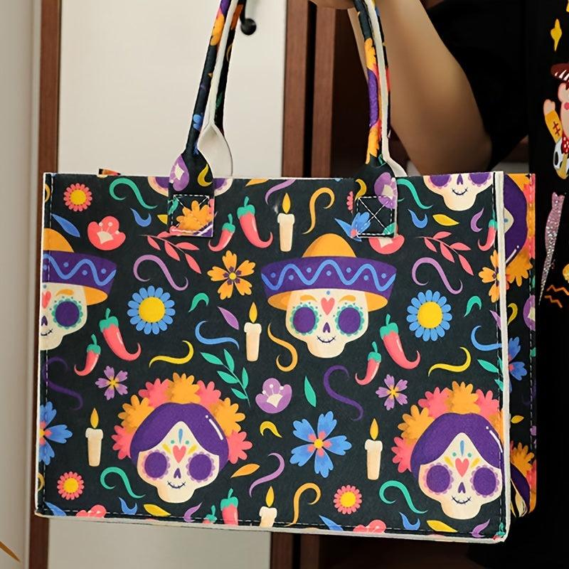 Halloween Felt Tote Bag Pumpkin Ghost Skull Print Handbag