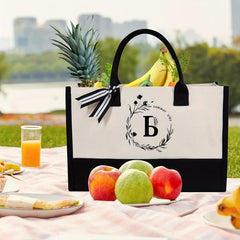 Monogrammed W Canvas Tote Bag with Zipper Pocket