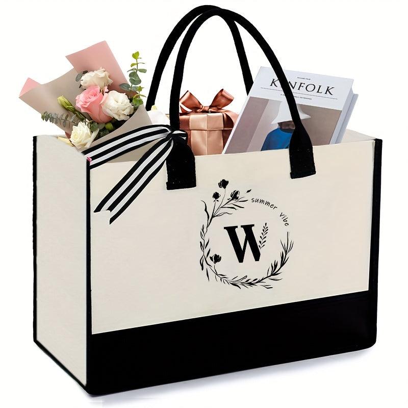 Monogrammed W Canvas Tote Bag with Zipper Pocket