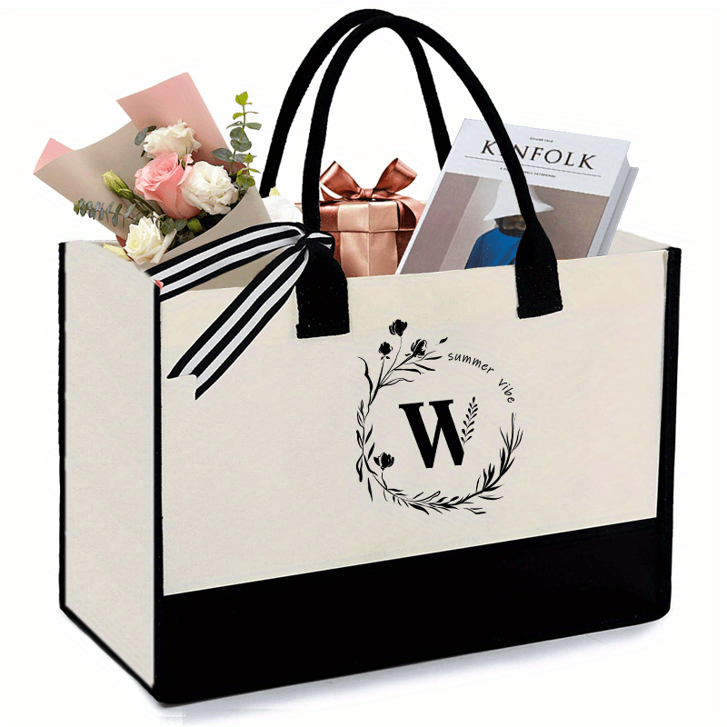 Monogrammed W Canvas Tote Bag with Zipper Pocket