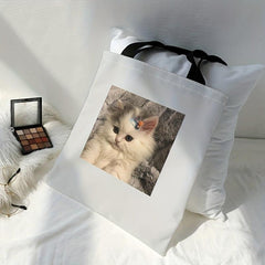 Cat Selfie Photo Canvas Tote Bag Large Capacity Shoulder Bag