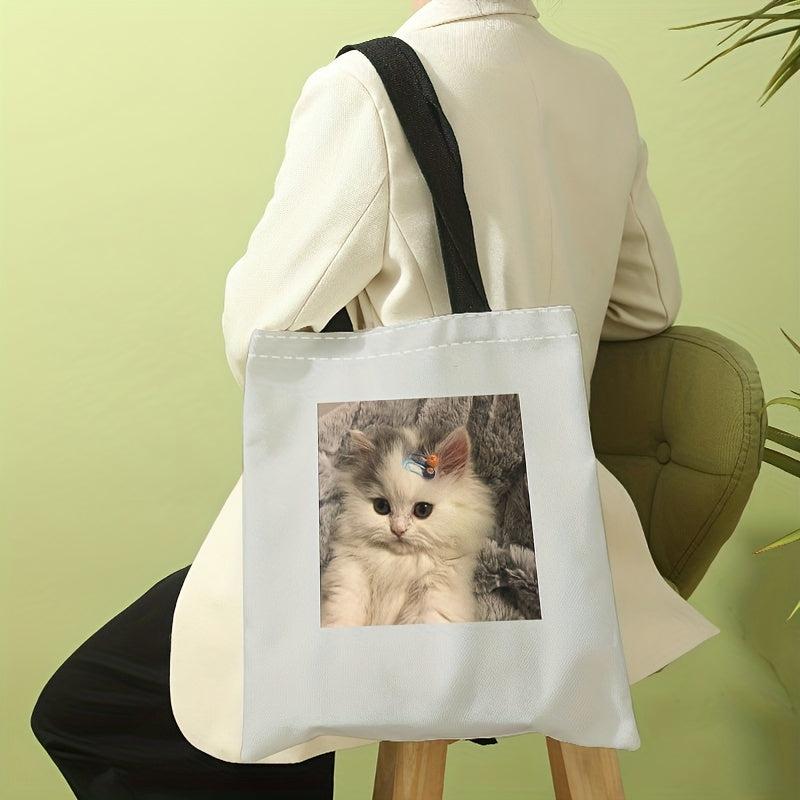 Cat Selfie Photo Canvas Tote Bag Large Capacity Shoulder Bag