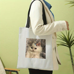 Cat Selfie Photo Canvas Tote Bag Large Capacity Shoulder Bag