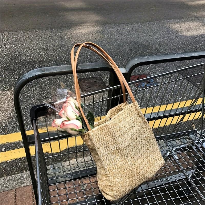 Straw Woven Shoulder Bag Large Summer Tote for Outdoor Vacation