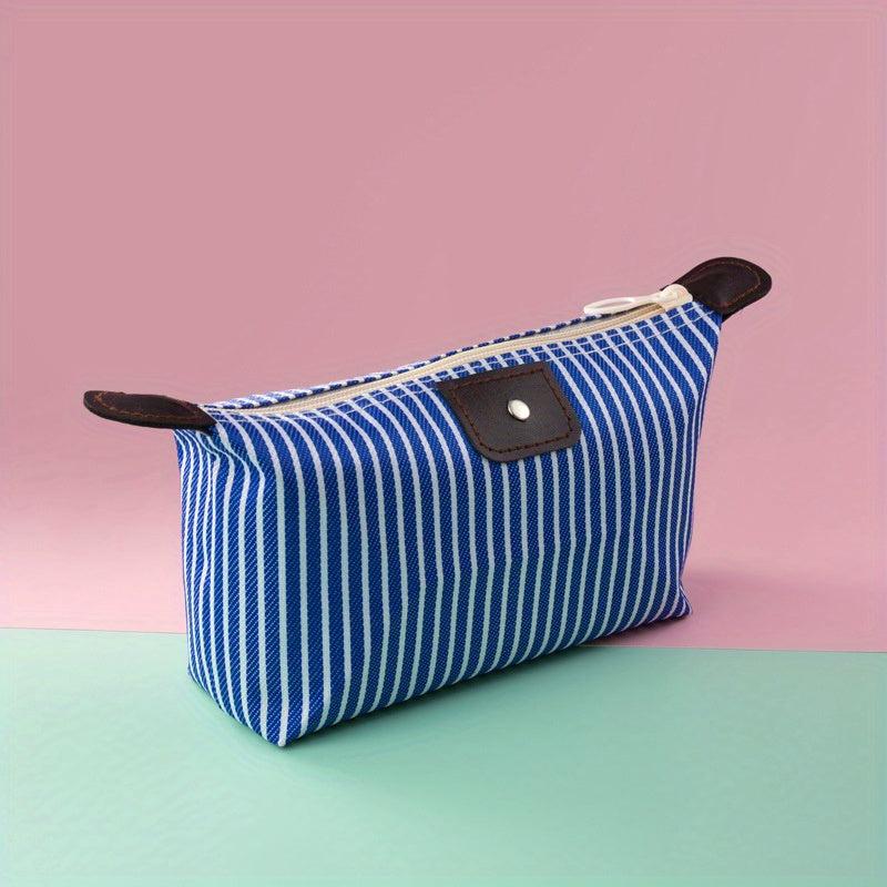 Striped Makeup Bag Travel Storage With Zipper & Toiletry Compartments