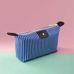 Striped Makeup Bag Travel Storage With Zipper & Toiletry Compartments