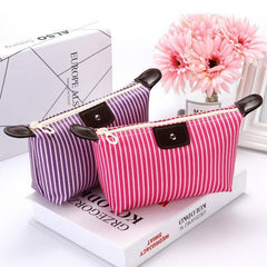 Striped Makeup Bag Travel Storage With Zipper & Toiletry Compartments