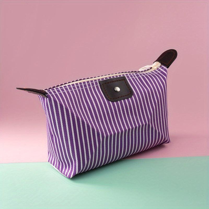 Striped Makeup Bag Travel Storage With Zipper & Toiletry Compartments