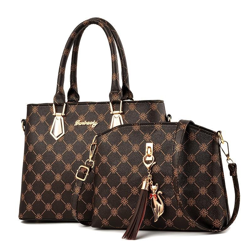 2pcs Geometric Pattern Tote Bag Set Tassel Decor Shoulder Handbag