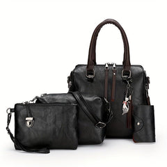 4pcs Faux Leather Bag Set w/ Tassel - Handbag, Crossbody, Clutch, Card Holder