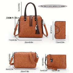 4pcs Faux Leather Bag Set w/ Tassel - Handbag, Crossbody, Clutch, Card Holder
