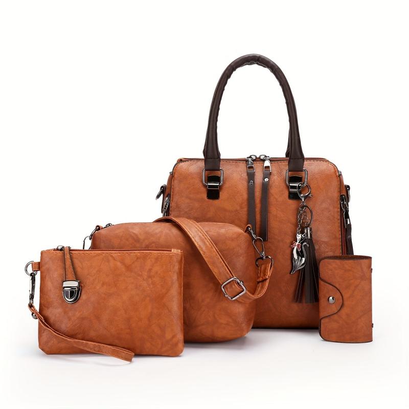 4pcs Faux Leather Bag Set w/ Tassel - Handbag, Crossbody, Clutch, Card Holder