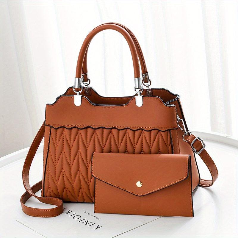 2Pcs Quilted Handbags Set Faux Leather Crossbody Bag