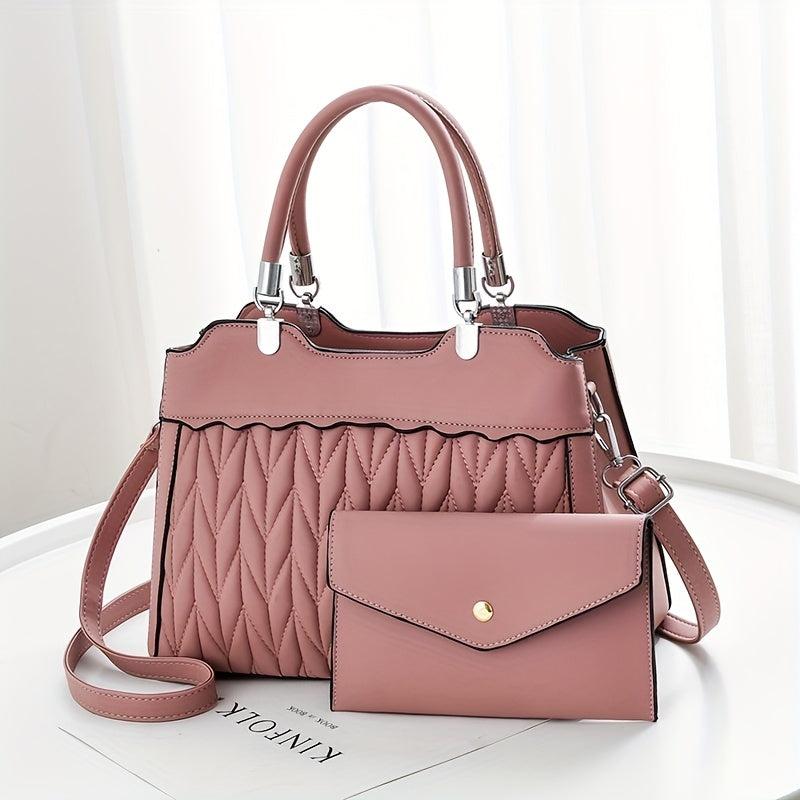 2Pcs Quilted Handbags Set Faux Leather Crossbody Bag