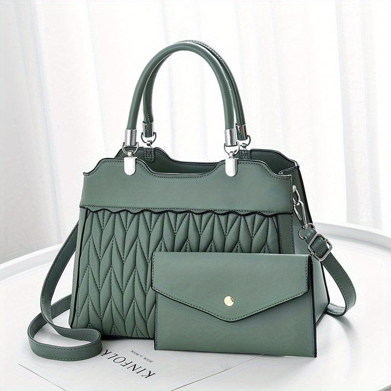2Pcs Quilted Handbags Set Faux Leather Crossbody Bag