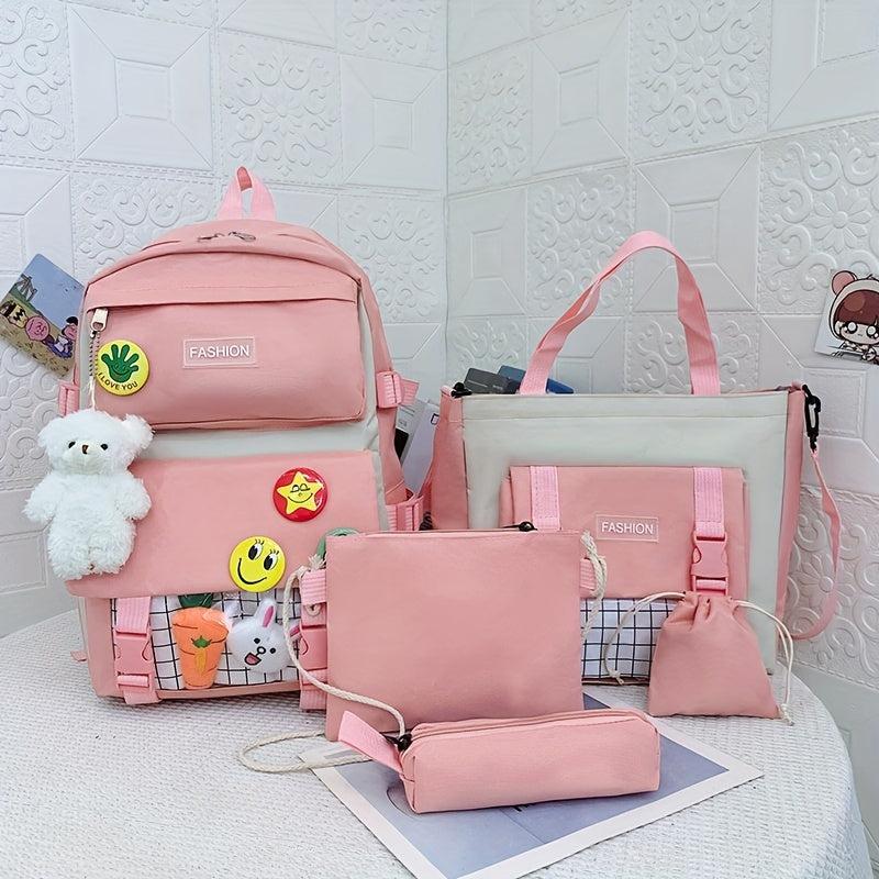 5pcs Backpack Crossbody Handbag Set Sweet Student Backpack Girls Preppy