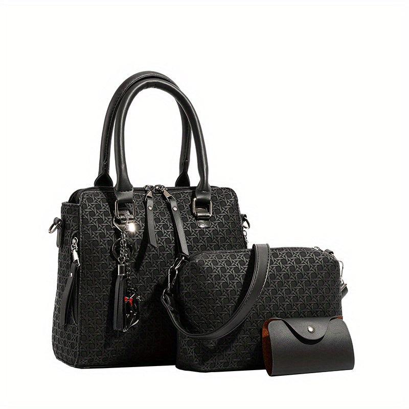 3pcs Braided Embossed Handbag Set Women's Tote Bag With Crossbody Bag Purse