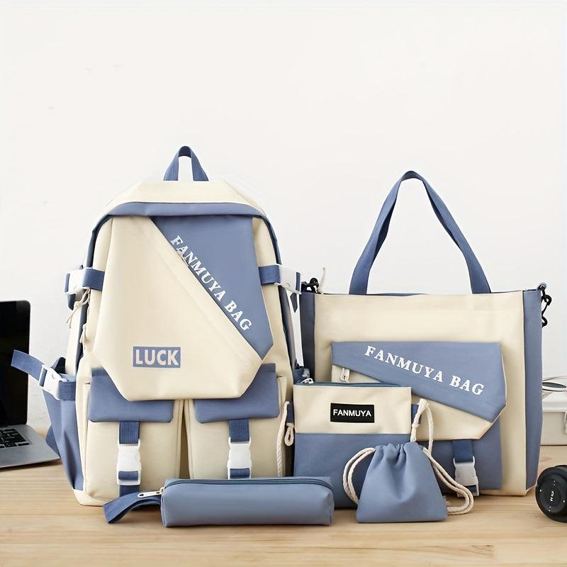 5 Pcs Colorblock Preppy Bag Set Backpack Shoulder Crossbody Pouch Drawstring