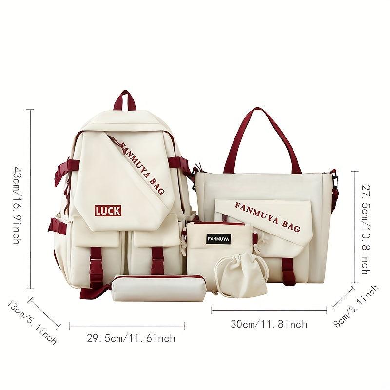 5 Pcs Colorblock Preppy Bag Set Backpack Shoulder Crossbody Pouch Drawstring