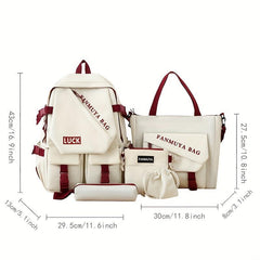 5 Pcs Colorblock Preppy Bag Set Backpack Shoulder Crossbody Pouch Drawstring
