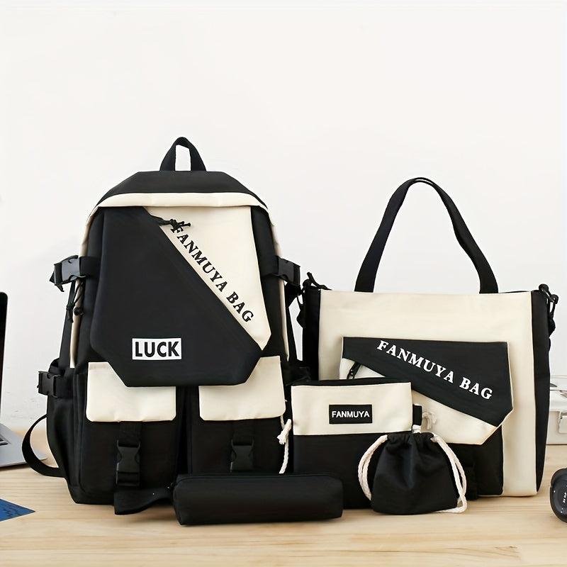 5 Pcs Colorblock Preppy Bag Set Backpack Shoulder Crossbody Pouch Drawstring