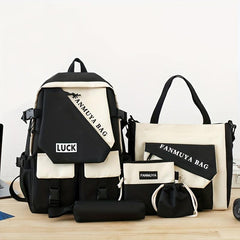 5 Pcs Colorblock Preppy Bag Set Backpack Shoulder Crossbody Pouch Drawstring