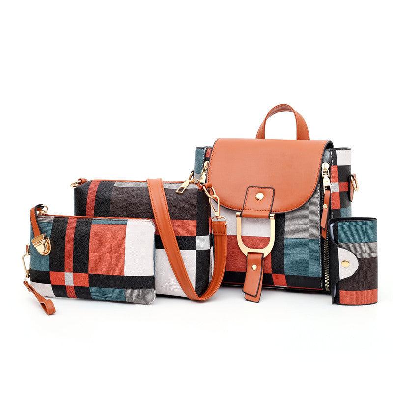 Plaid Pattern 4pcs Women's Purse Set Backpack, Shoulder Bag, Clutch, Card Holder