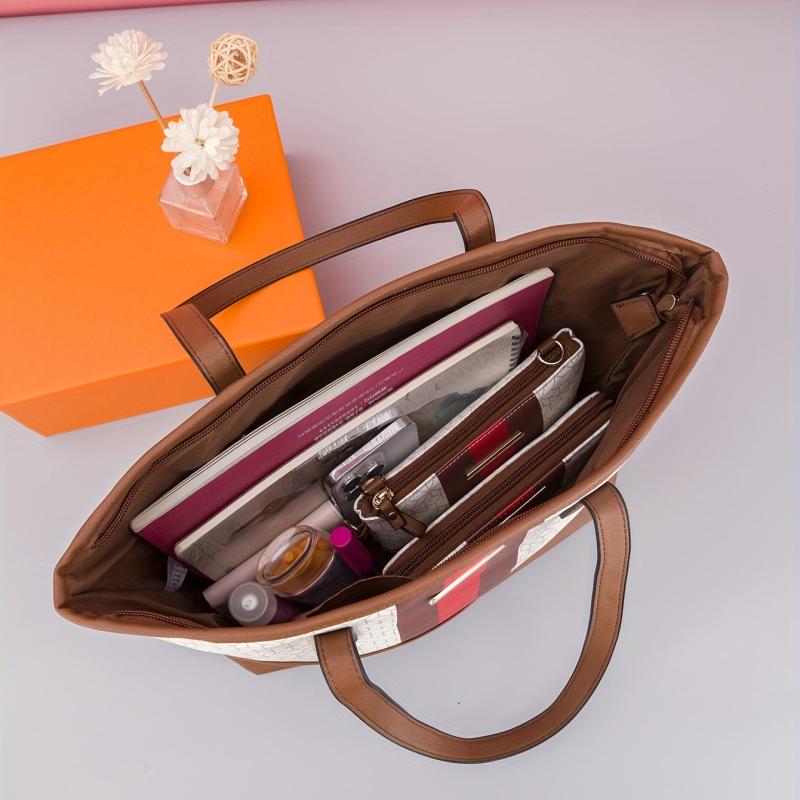 3Pcs Geometric Pattern Bag Set Women's Colorblock Tote Bag With Crossbody Bag